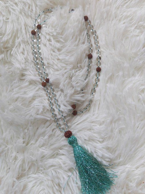 Mala en Cristal de Roche & graines de Rudraksha