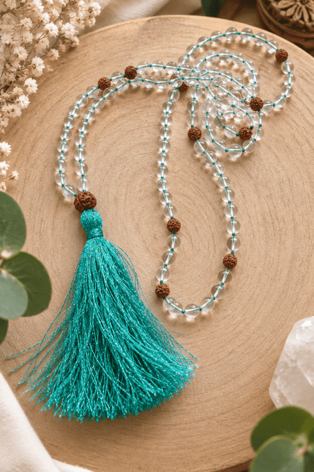 Mala en Cristal de Roche & graines de Rudraksha